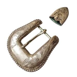 Vintage Trails Sterling Silver Hand Engraved Western Belt Buckle and Tip Set
